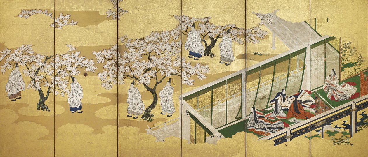 Fortællingen om Genji, kapitel 34; Kashiwagi får øje på den tredje prinsesse, Edo-perioden (blæk, farve og guld på papir) af Tosa Mitsuoki
