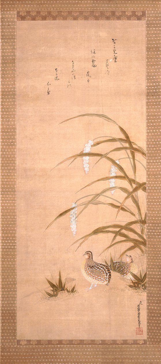Quail And Hirse (blæk og farve på silke) af Tosa Mitsunari