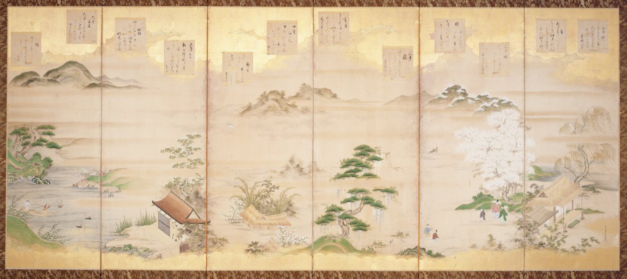 Skærm med seks paneler med fugle og blomster fra de tolv måneder (blæk, farve og bladguld på papir) af Tosa Mitsunari