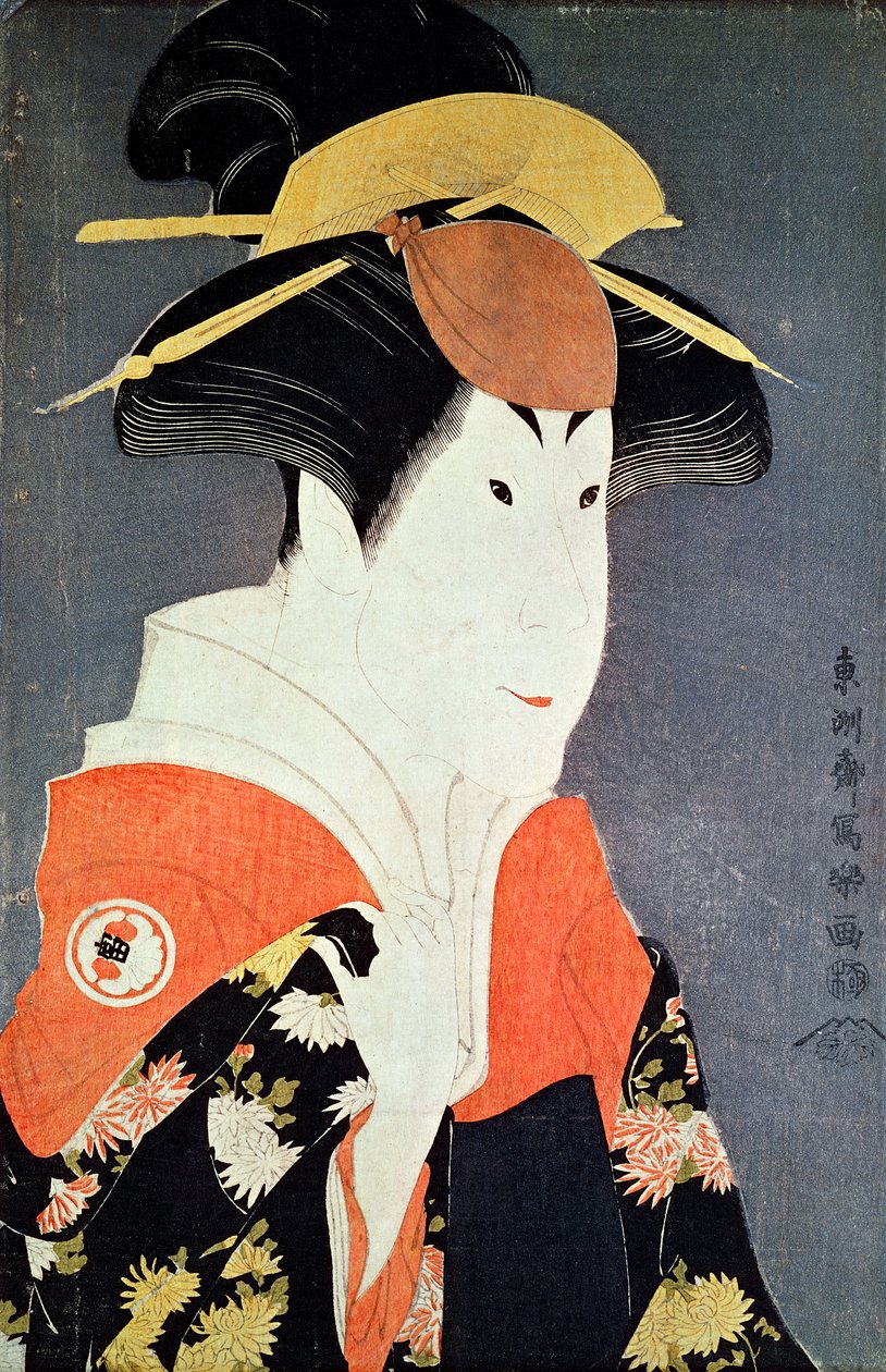 Hoved og skuldre af kabuki-skuespilleren Segawa Tomisaburo II som Yadorigi, hustru til Ogishi Kurando), udgivet i 1794 (træblok i farver) af Toshusai Sharaku