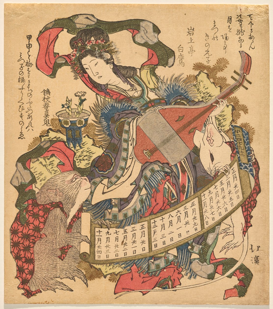 Benzaiten leger biwa med abe og hvid rotte af Totoya Hokkei
