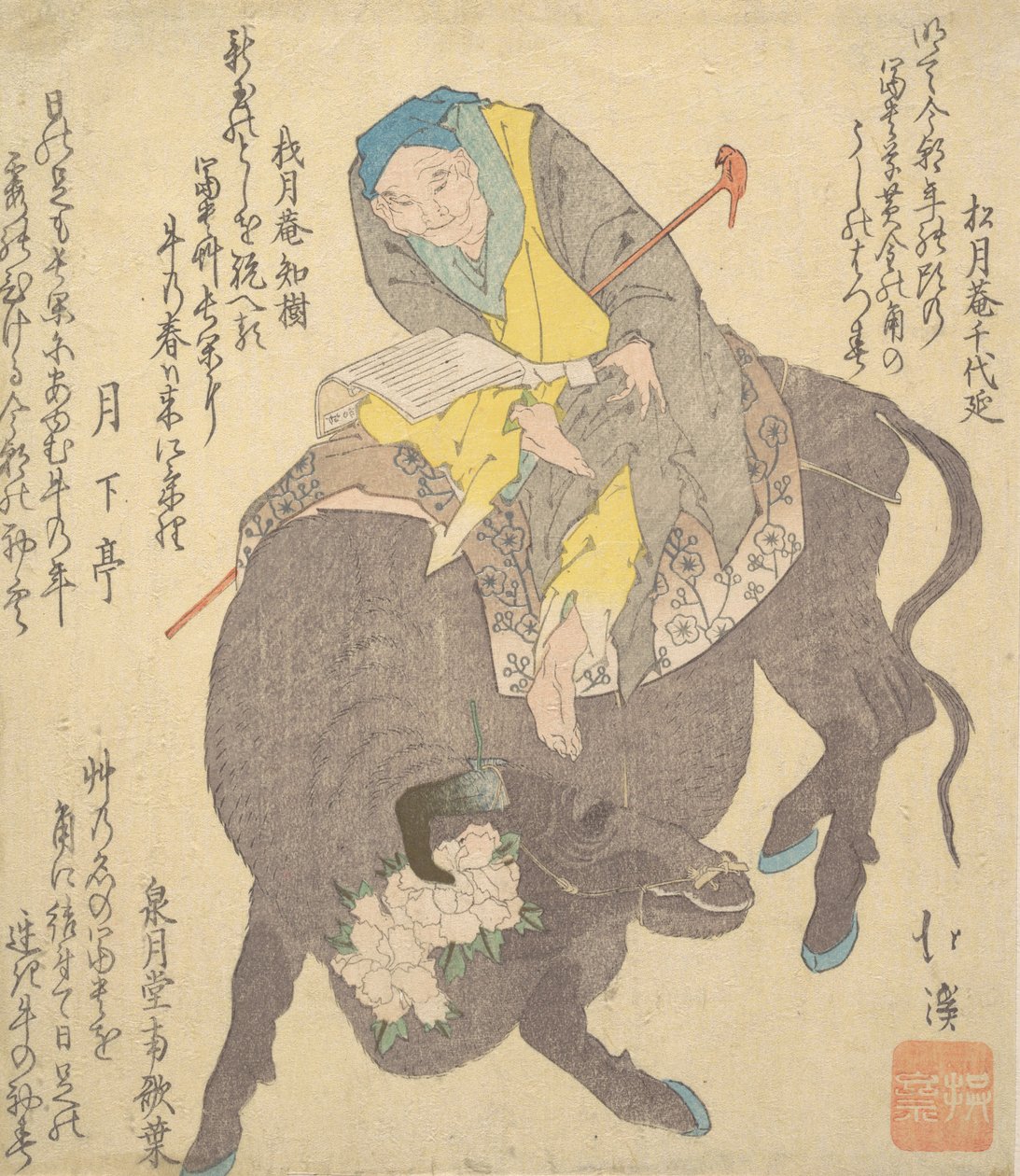 Kinesisk vismand læser, mens du kører på en bøffel, ca. 1820. af Totoya Hokkei