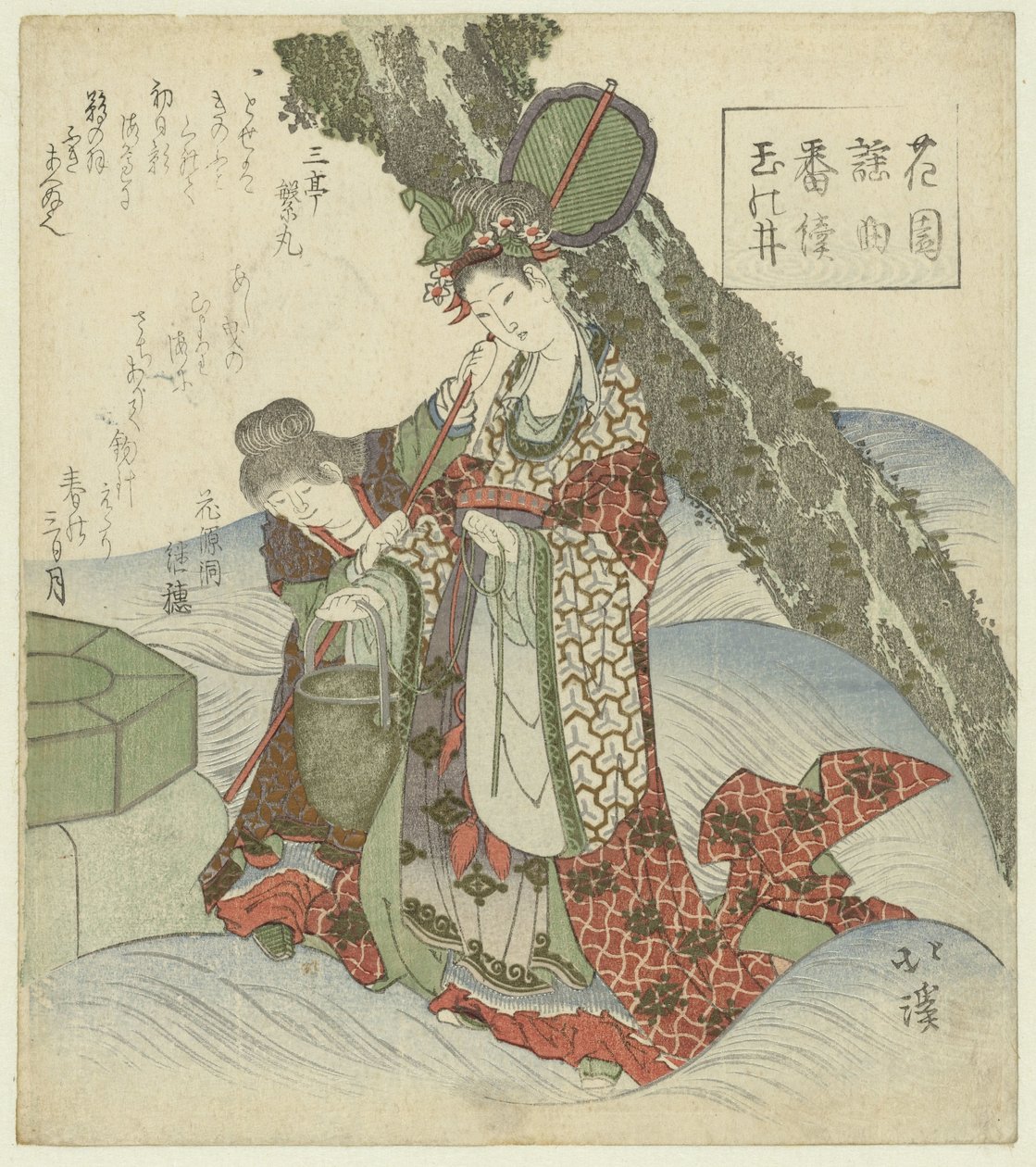 Smykkefontænen Tama no i (titel på objekt) En række Nô-sange for Hanazono Poetry Society (serietitel) Hanazono yôkyoku bantsuzuki (serietitel på objekt) af Totoya Hokkei