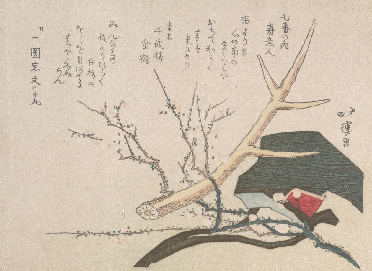 Hat, hjortehorn og blommegren, der repræsenterer Jurojin, livets gud, 1800-tallet. af Totoya Hokkei