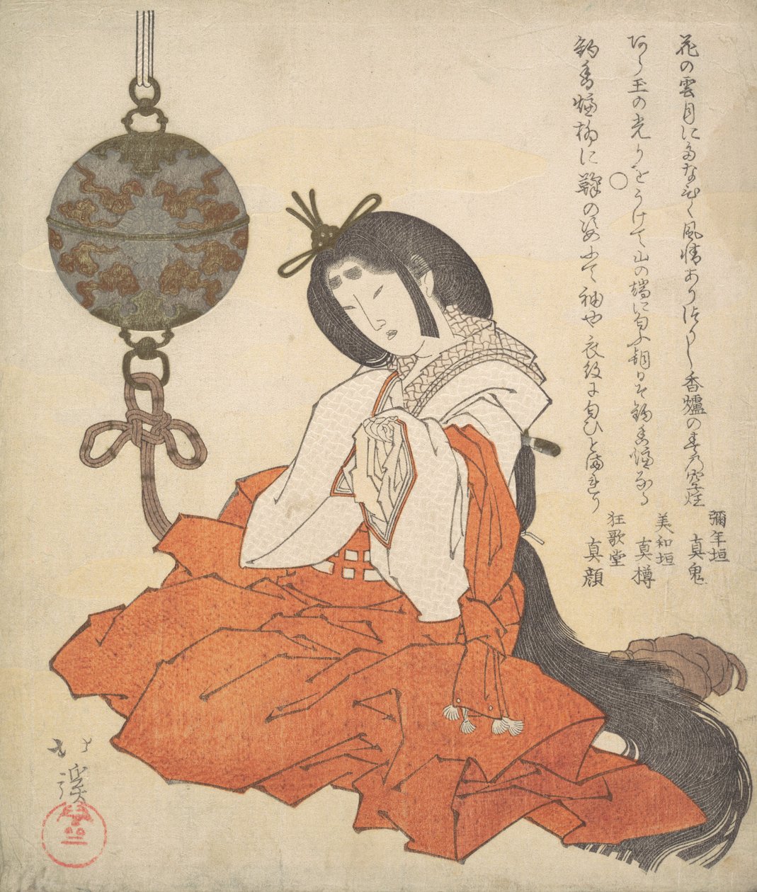 Kanjo Court Lady Sidder, og en Tsurikoro hængende nær hendes hoved, ca. 1825. af Totoya Hokkei