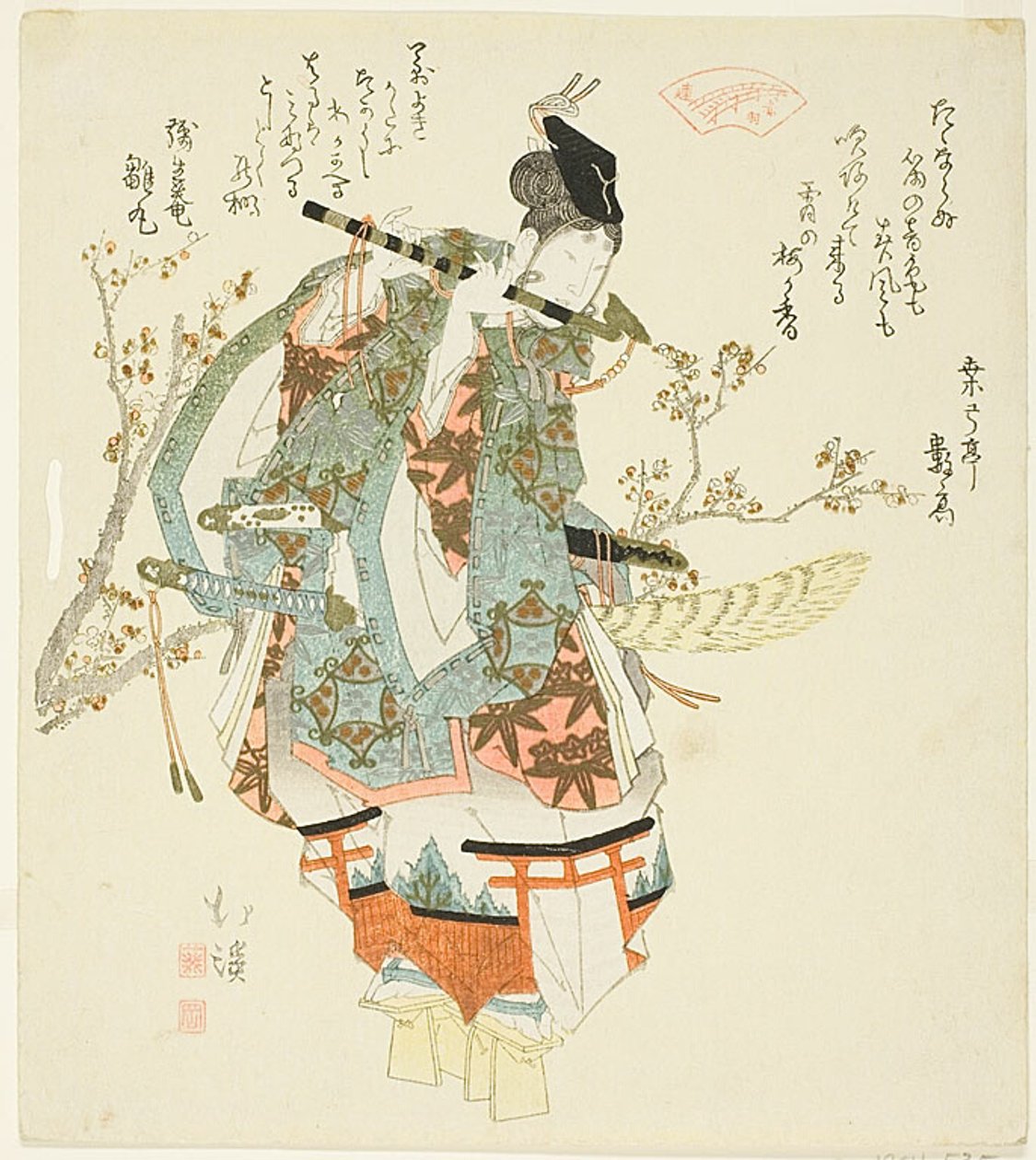 Minamoto no Yoshitsune (Ushiwaka Maru) spiller fløjte af Totoya Hokkei