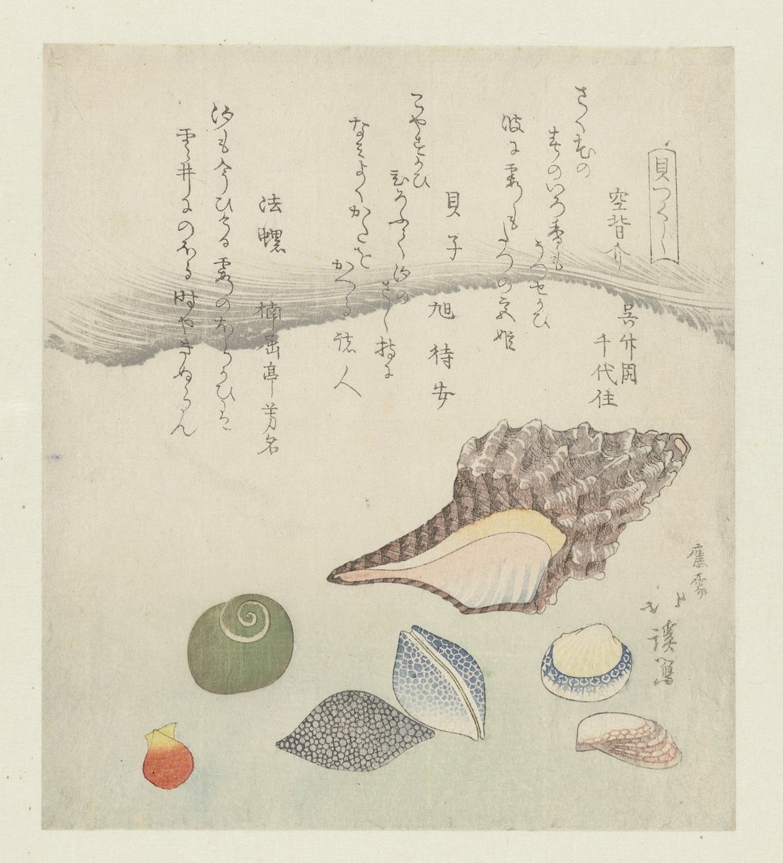 Refleksskal, elfenbensskal og tritonskal Utsusegai baishi hora (titel på objekt) En serie af skaller (serietitel) Kaitsukushi (serietitel på objekt) af Totoya Hokkei