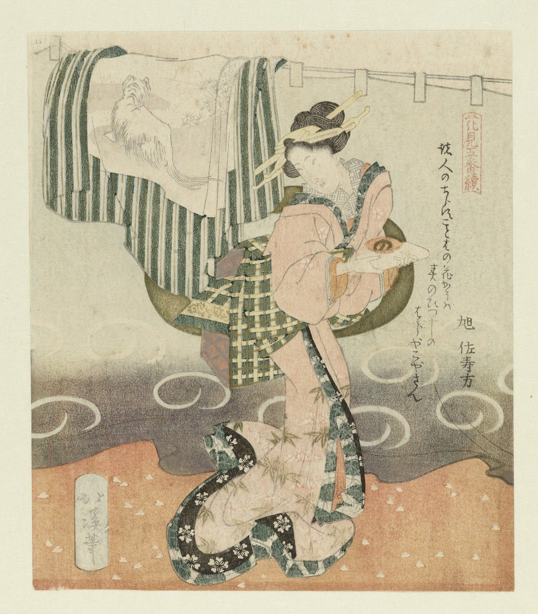 Kvinde med sake kop Pentatykon om at beundre blomster (serietitel) Hanami gobantsuzuki (serietitel på objekt) af Totoya Hokkei