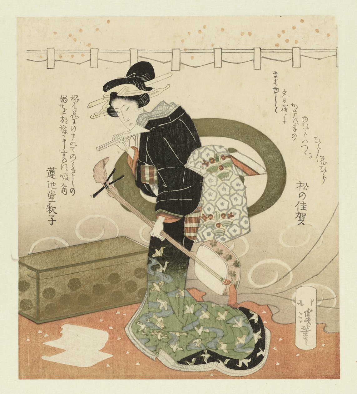 Kvinde med shamisen Pentatykon om at beundre blomster (serietitel) Hanami gobantsuzuki (serietitel på objekt) af Totoya Hokkei