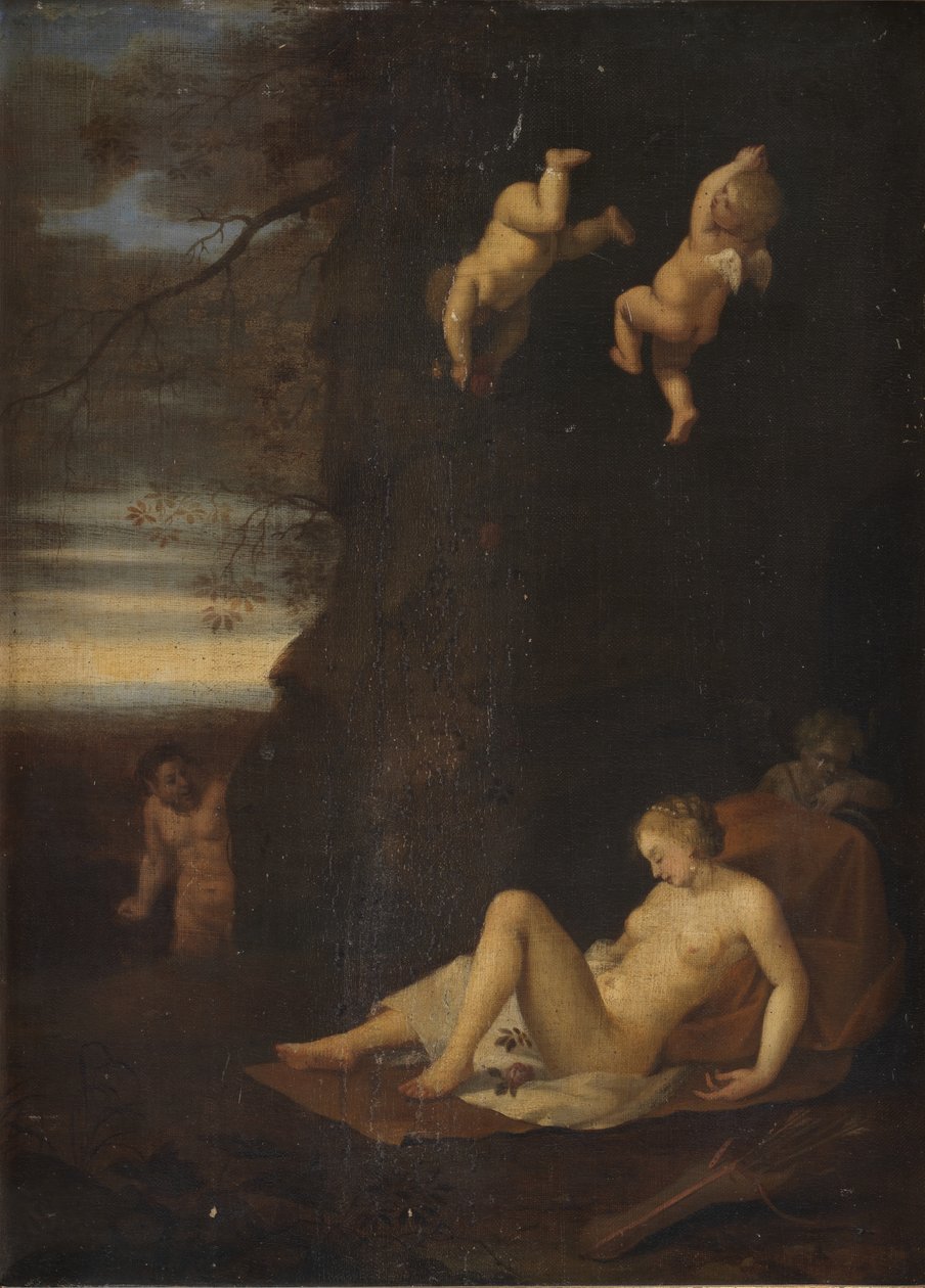 Satyr spionerer på sovende nymfe, Antiope af Toussaint Gelton