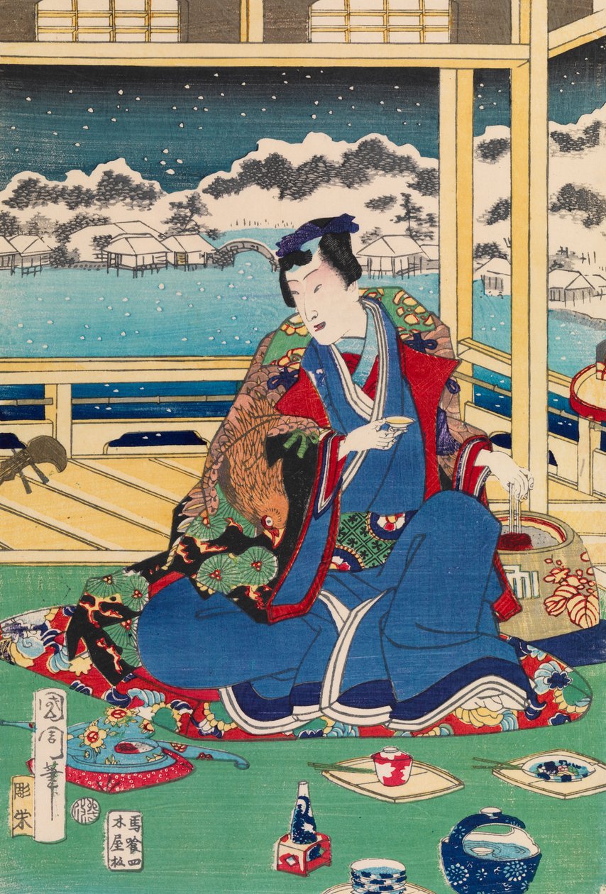 Genji ser sne fra en altan af Toyohara Kunichika