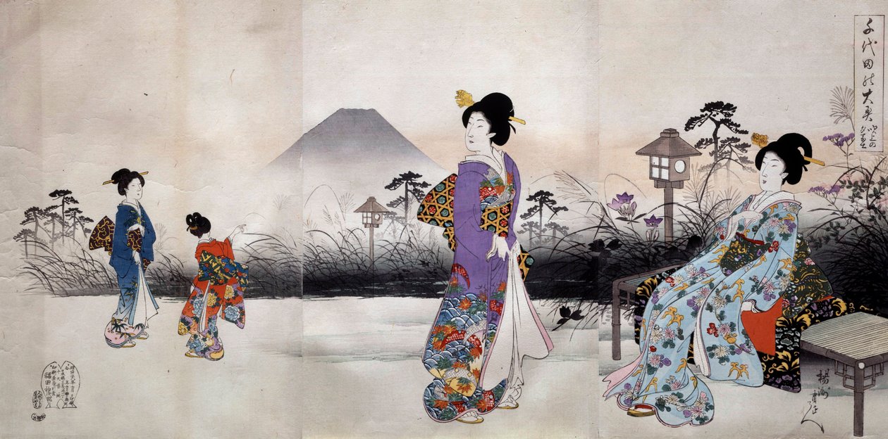 Japanske kvinder, der går foran Fuji-bjerget Japansk tryk af Toyohara Chikanobu (1838-1912) 1896 Privat samling af Toyohara Chikanobu