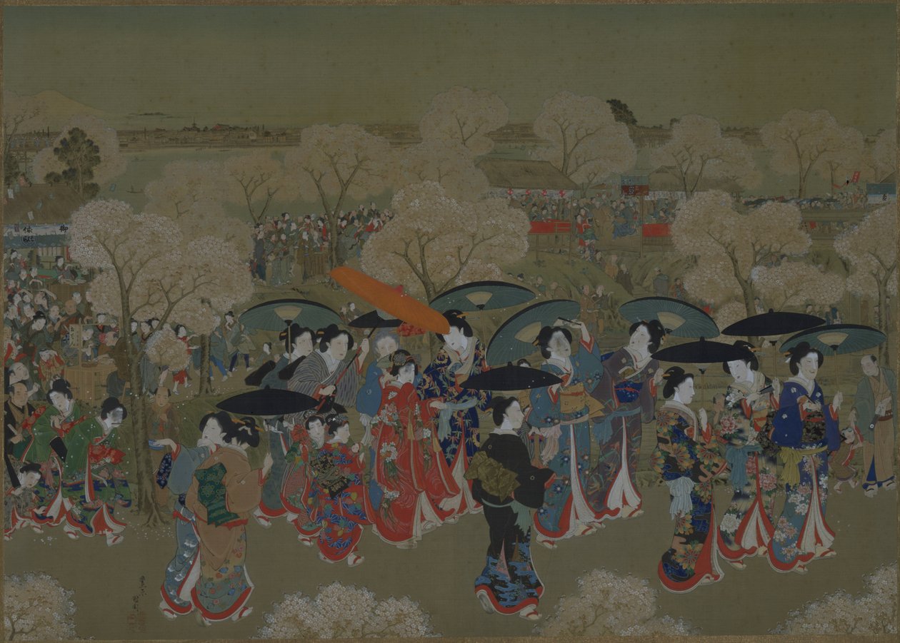 Skønheder, der betragter kirsebærblomster ved Sumida-floden af Toyohara Kunichika