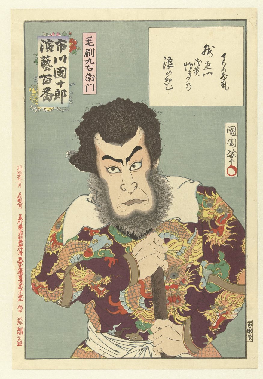Ichikawa Danjuro IX som Kezori Kyuemon Kezori Kyuemon (titel på objekt) Honderd rollen van Ichikawa Danjuro IX (serietitel) Ichikawa Danjuro engei hyakuban (serietitel på objekt) af Toyohara Kunichika