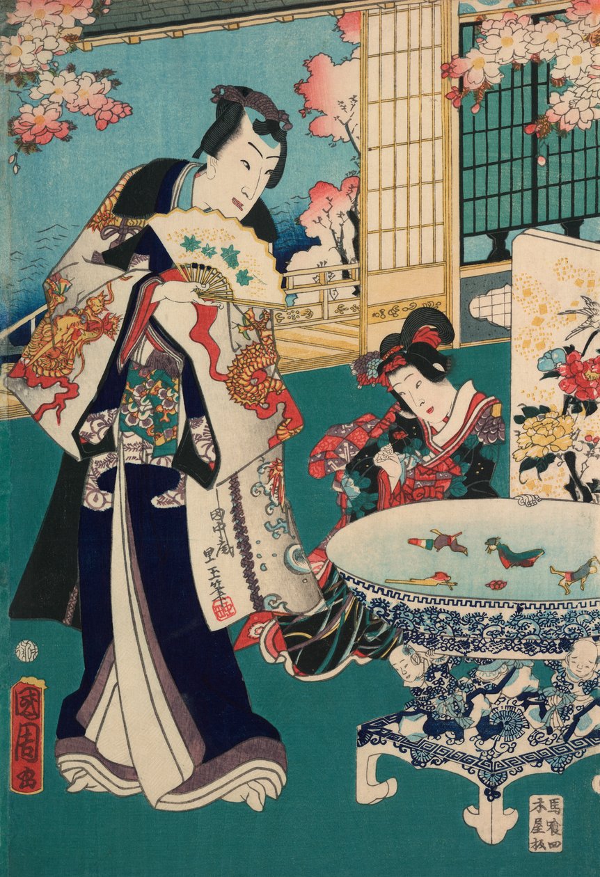 Forårsudflugt i en villa Diptykon: Mand i interiør af Toyohara Kunichika