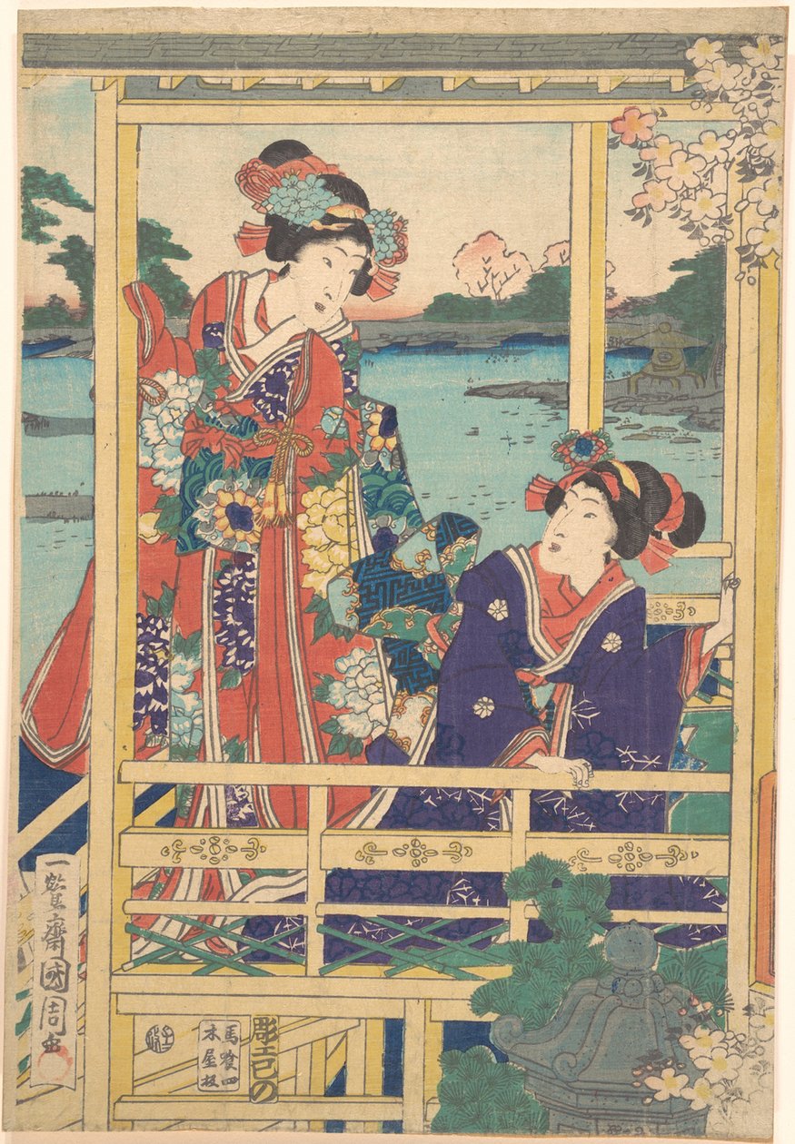 To skønheder i Spring Garden med en dam af Toyohara Kunichika