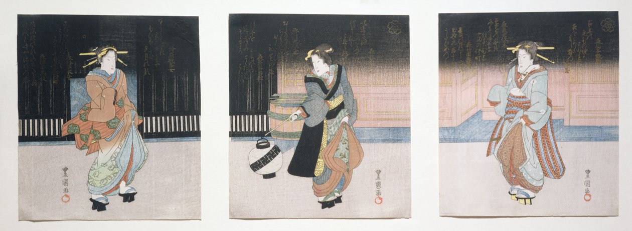 Geisha om natten Triptykon, 1818-30 (træblokgravering) af Toyokuni II