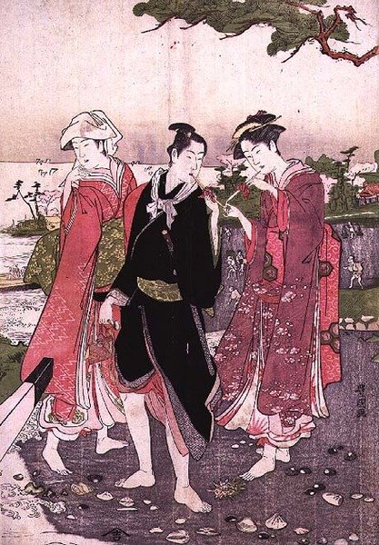 To piger og en ung på en strand, pub. ca. 1780 af Utagawa Toyokuni
