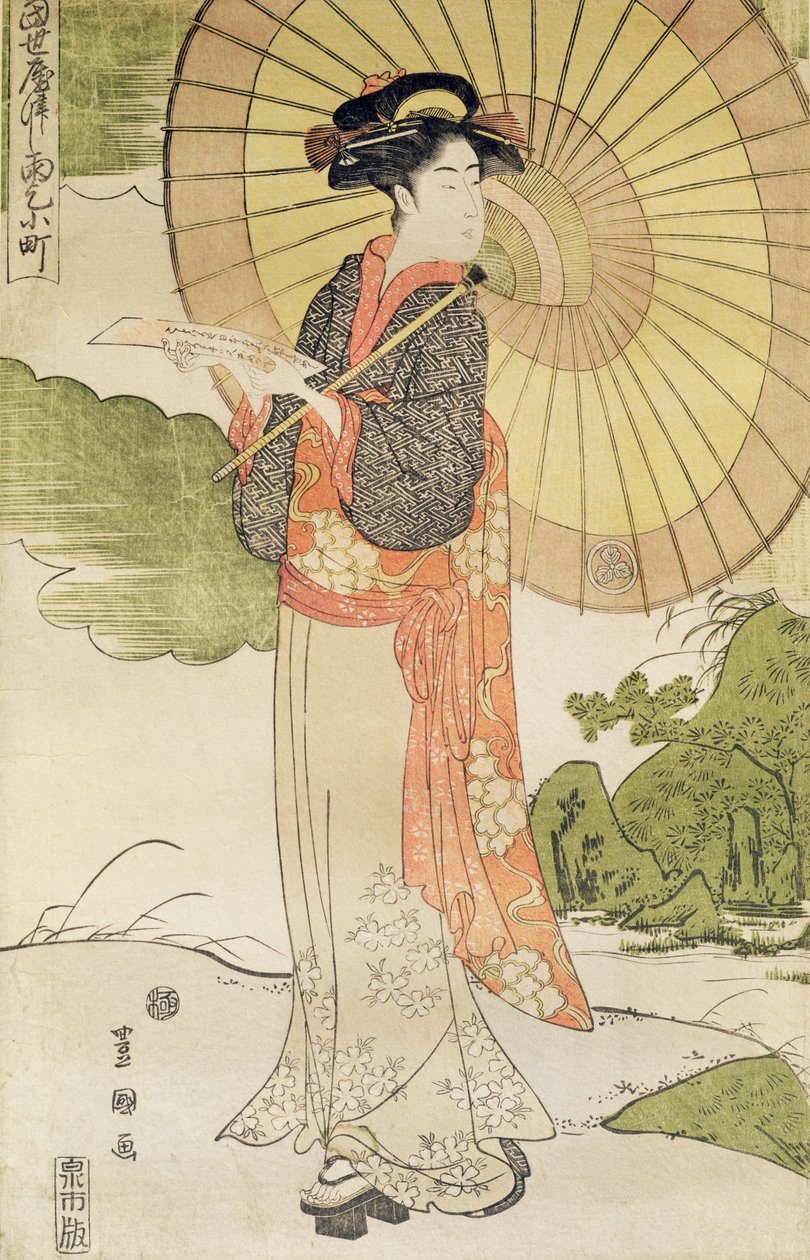 Stående kvinde med parasol (farvet træbloktryk) af Toyokuni II