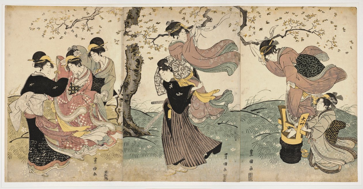 Japansk kunst: vindblomster (blomster i vinden) (scene med kvinder og en mand, hængende bannere i grenene af et træ) -Utagawa Toyokuni Print (1769-1825) Linogravure (37,8x75,9), omkring 1797-1800 - Honolulu Academy of Arts af Toyokuni Utagawa