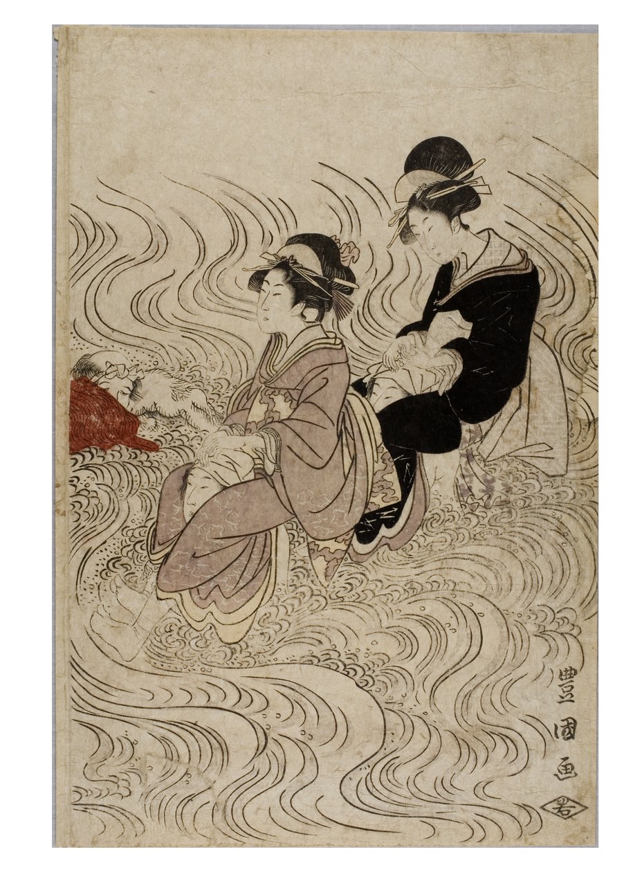 Et parti af kurtisaner, der gennemser en bølgeramt flod af Toyokuni Utagawa