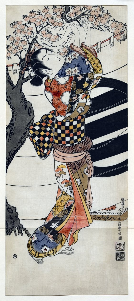 Japansk kvinde iført en kimono hængende digte i et blomstrende kirsebærtræ, japansk træsnit af Ishikawa Toyonobu (1711-1785) ca. 1741 af Toyonobu Ishikawa