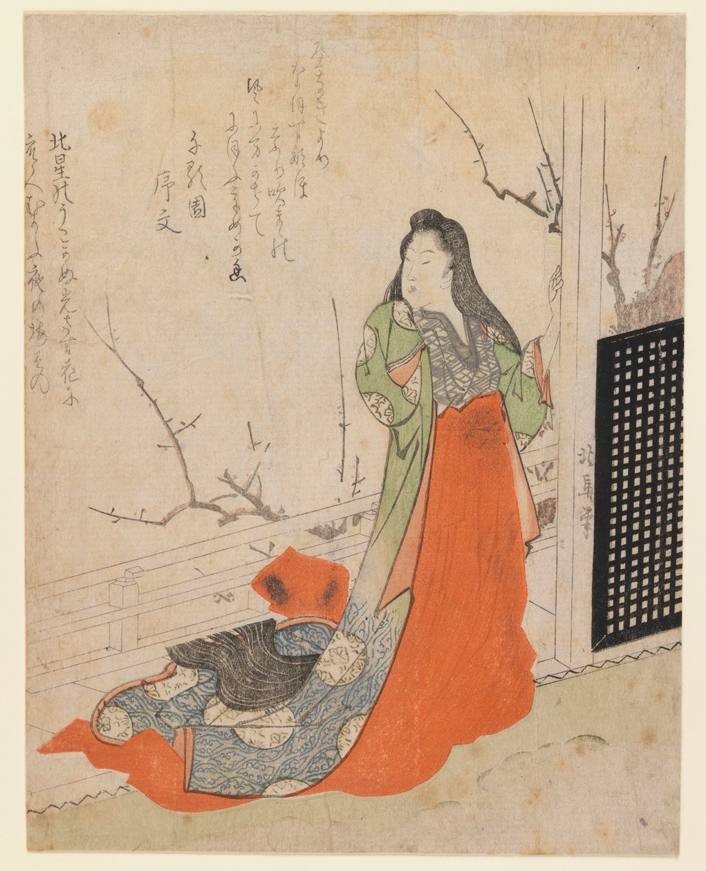 Surimono, Lady on a Terrace, ca. 1830 (træbloktryk) af Toyota Hokkei