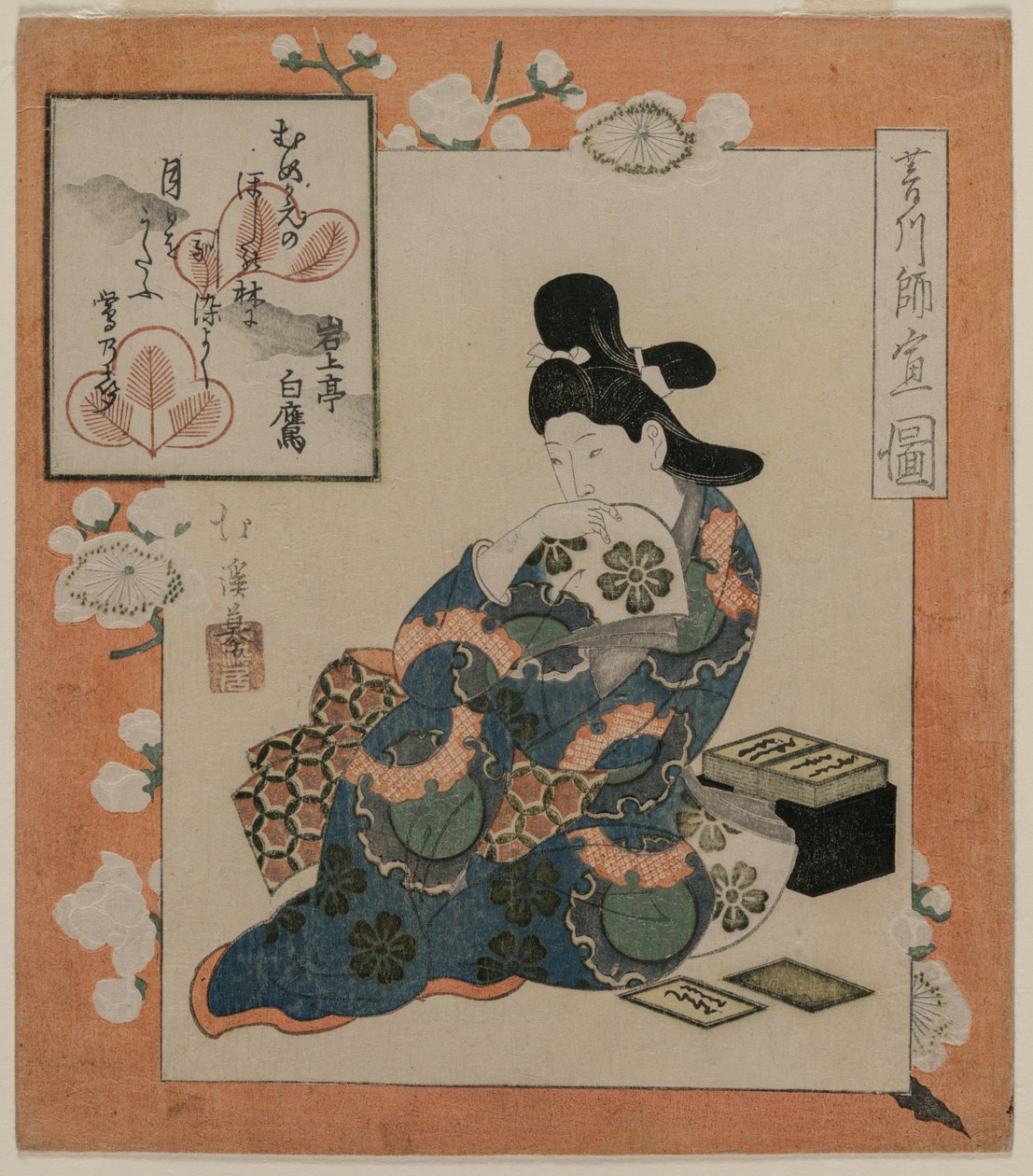Et billede af Hishikawa Moronobu: Kvinde med et sæt digtkort, midten af 1820