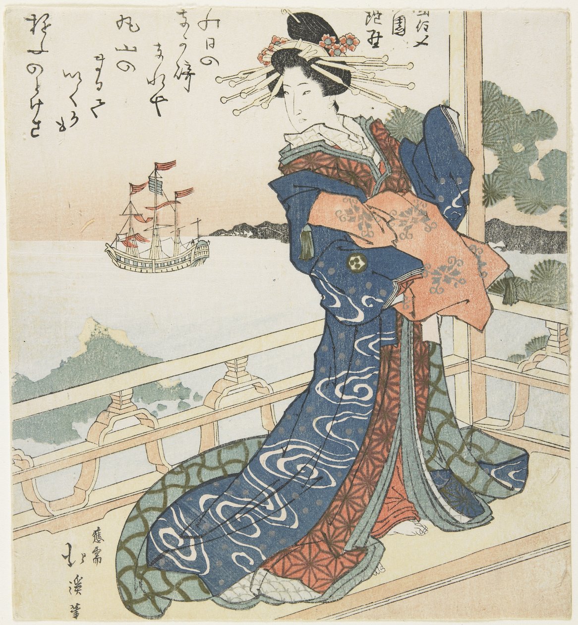 Kurtisane ser på et fremmed skib, 1818-1844 af Toyota Hokkei