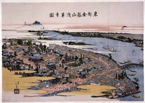 Kinryuzan Senso-ji-templet i den østlige hovedstad (Edo) ca. 1820 (træbloktryk) af Toyota Hokkei