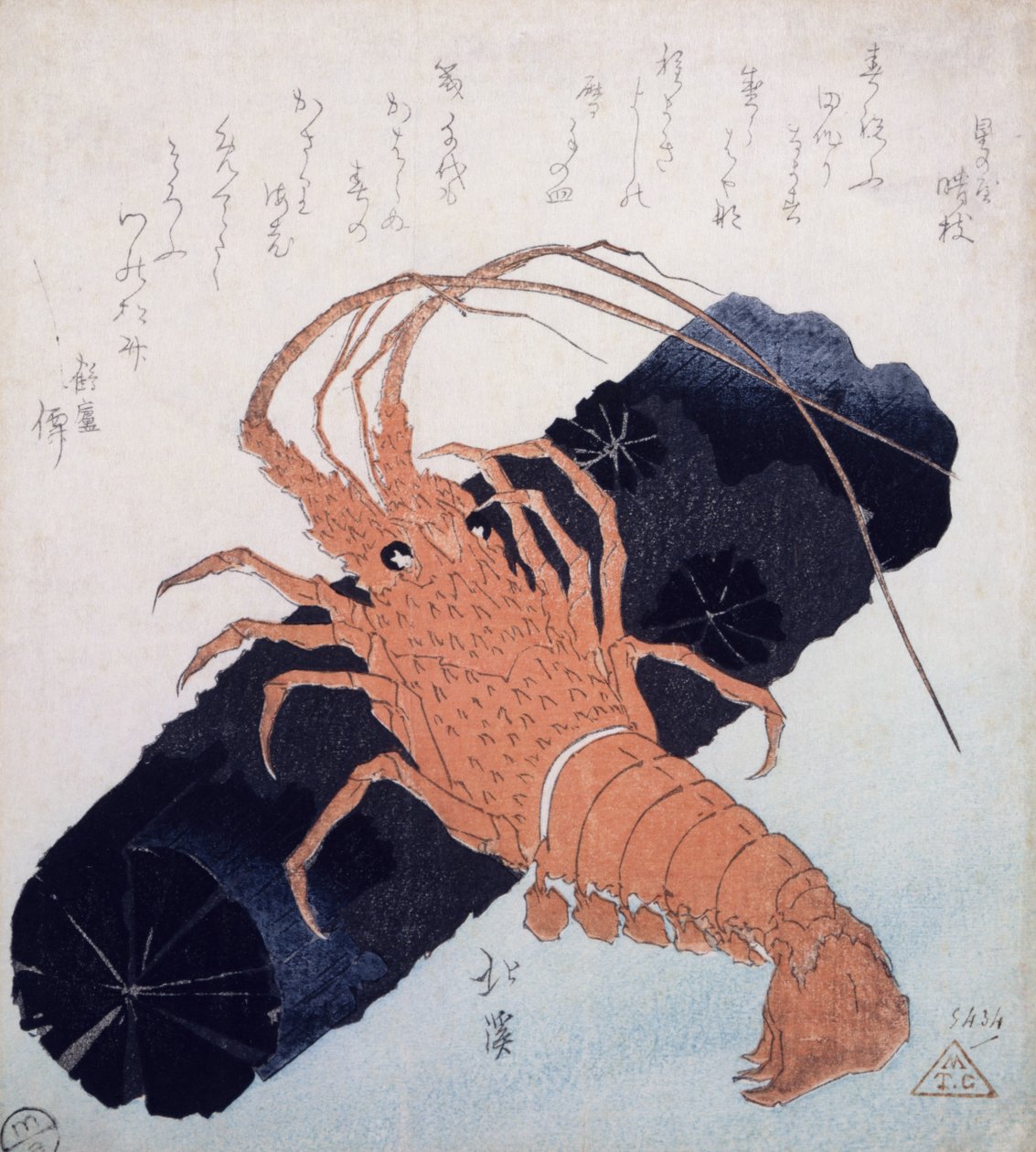 Langoustine med en blok af trækul, ca. 1830 (træblok i farver) af Toyota Hokkei