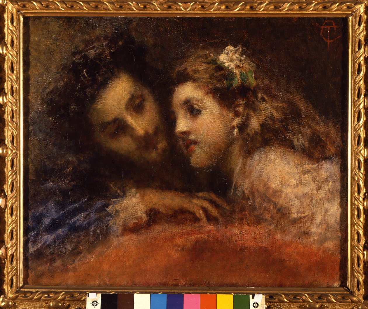 Attrazione (Attraktion), en mand læner sig mod et barn på en medskyldig og beroligende måde. Han er formentlig en far og hans datter (mund til mund). Maleri af Tranquillo Cremona (1837-1878) Galleria d