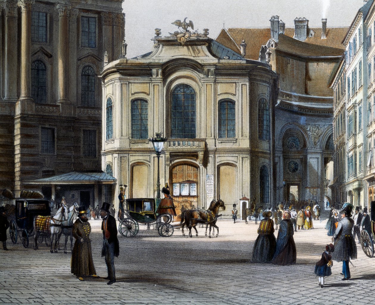 Burgtheater i Wien Michaelerplatz med Winterreitschule (vinterrideskole) til højre, af Tranquillo Mollo (1767-1837), farvegravering, Østrig af Tranquillo Mollo