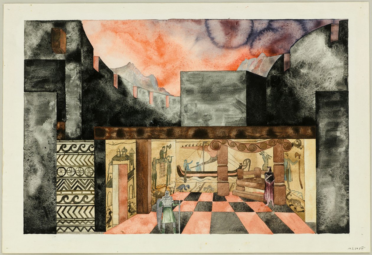 Scenedesign til Tragedy Die Nibelungen af ​​Friedrich Hebbel, ca 1934. af Traugott Müller