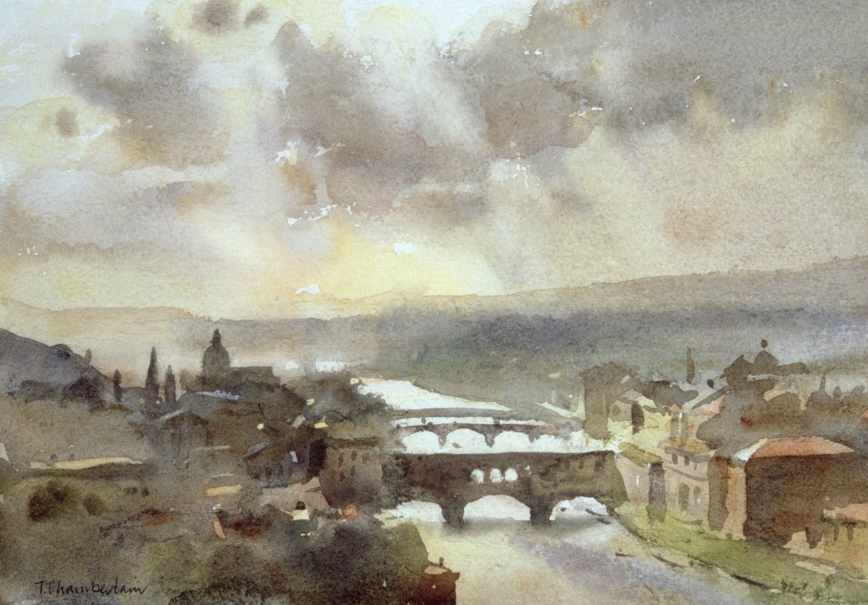River Arno, Firenze (wc på papir) af Trevor Chamberlain