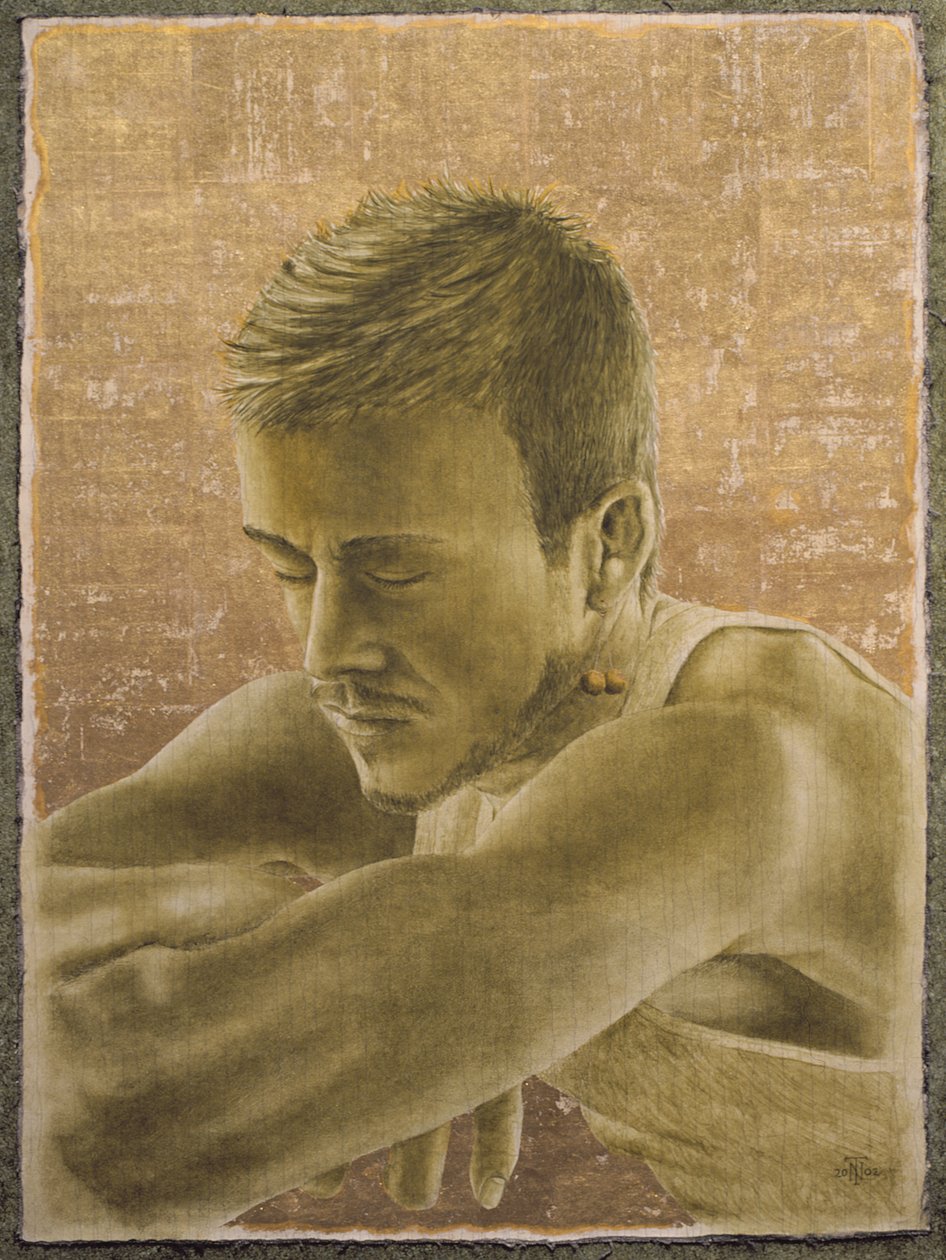 Beckham (f.1975) (olie og bladguld på revnet gesso på lærred lagt om bord) af Trevor Neal