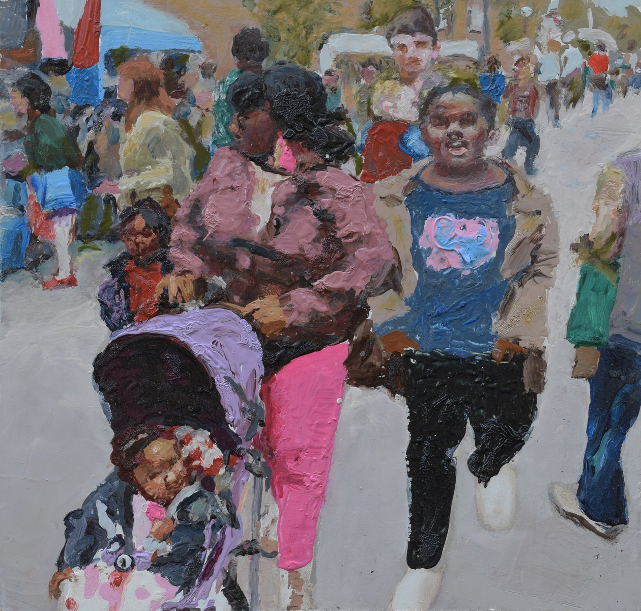 Familieindkøb (Deptford, London), 2018 (olie på plade) af Trevor Burgess