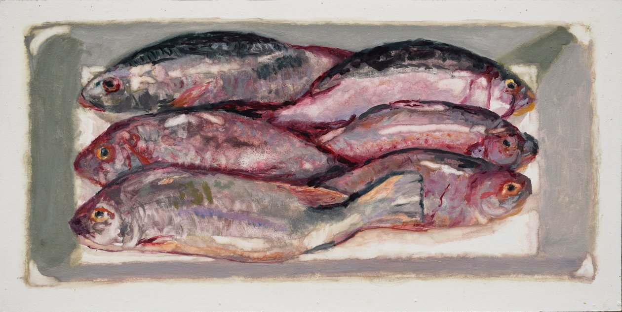 Fiskekasse 1 (Billingsgate, London), 2016 (olie på plade) af Trevor Burgess