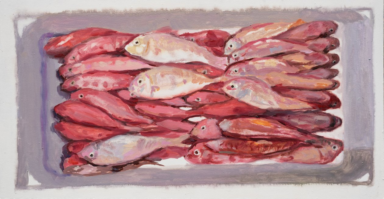 Fiskekasse 4 (Billingsgate, London), 2016 (olie på plade) af Trevor Burgess