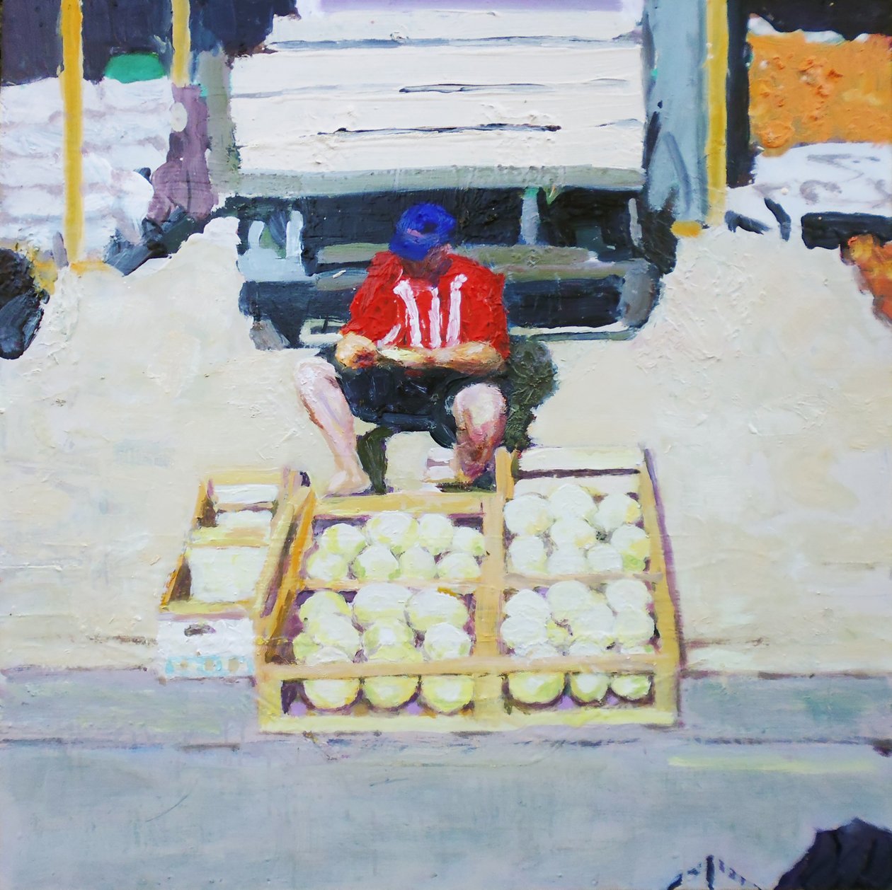 Mand sælger meloner (San Juan, Argentina), 2014 (olie på plade) af Trevor Burgess