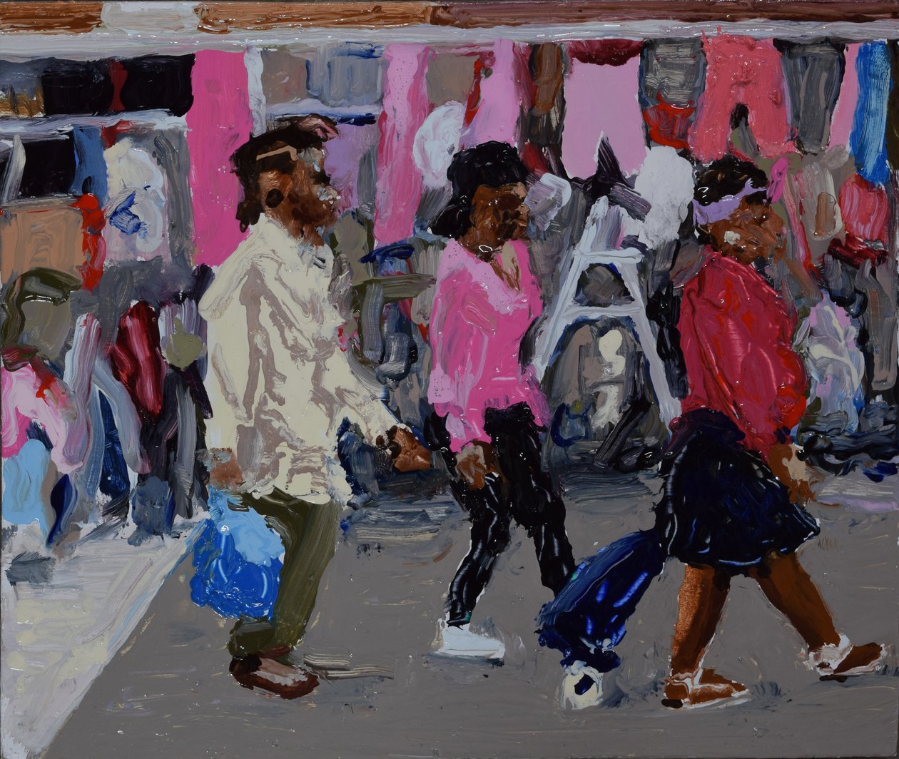 Market shoppers (Deptford, London), 2018 (olie på plade) af Trevor Burgess
