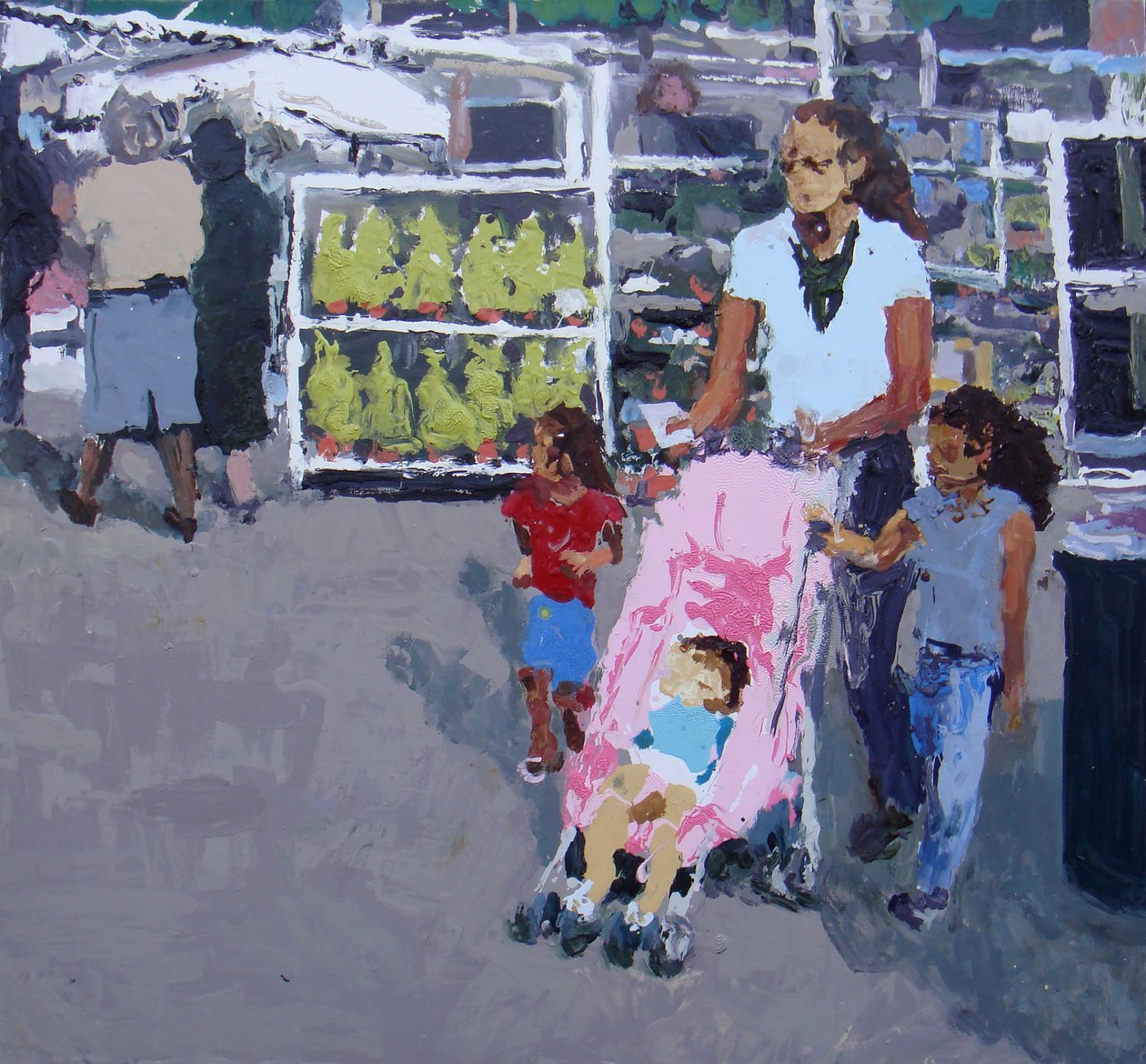 Mor og børn på indkøb (Lewisham marked, London), 2008 (olie på lærred) af Trevor Burgess