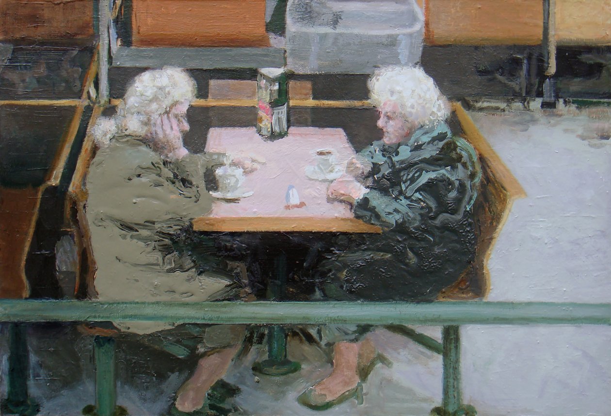 Over a cuppa, 2010 (olie på plade) af Trevor Burgess