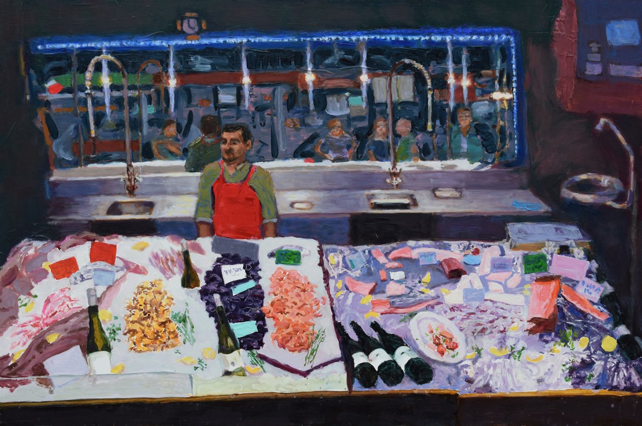 Fiskedisk (Paris), 2016 (olie på plade) af Trevor Burgess