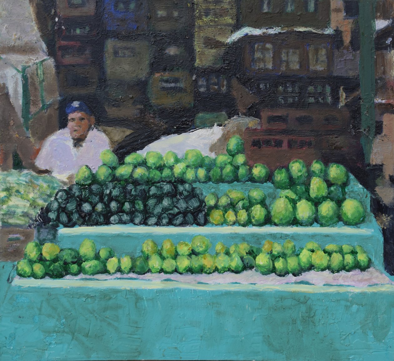 Selling mangos and avocados (Bogotá, Colombia), 2016 (olie på plade) af Trevor Burgess
