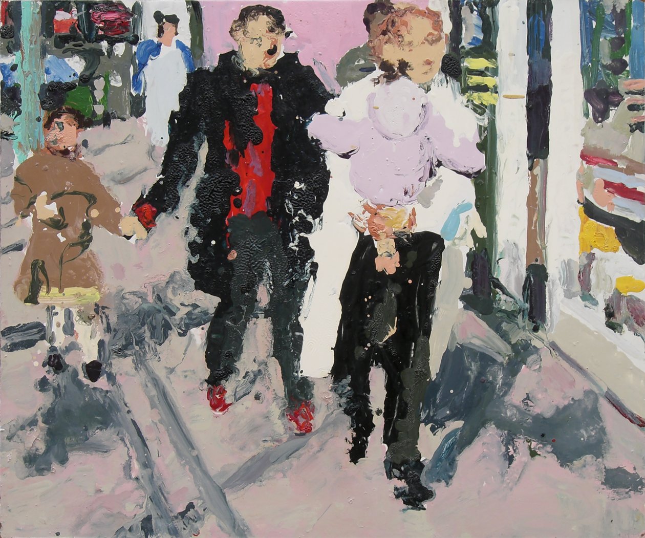Shoppere med børn, 2003 (olie på plade) af Trevor Burgess