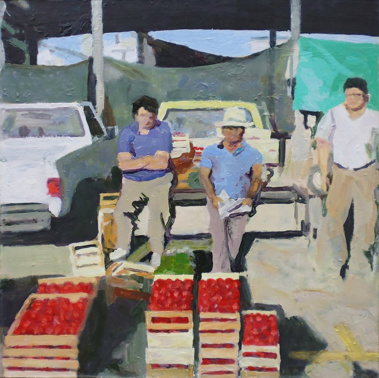 Tre mænd, der sælger tomater (San Juan, Argentina), 2014 (olie på plade) af Trevor Burgess