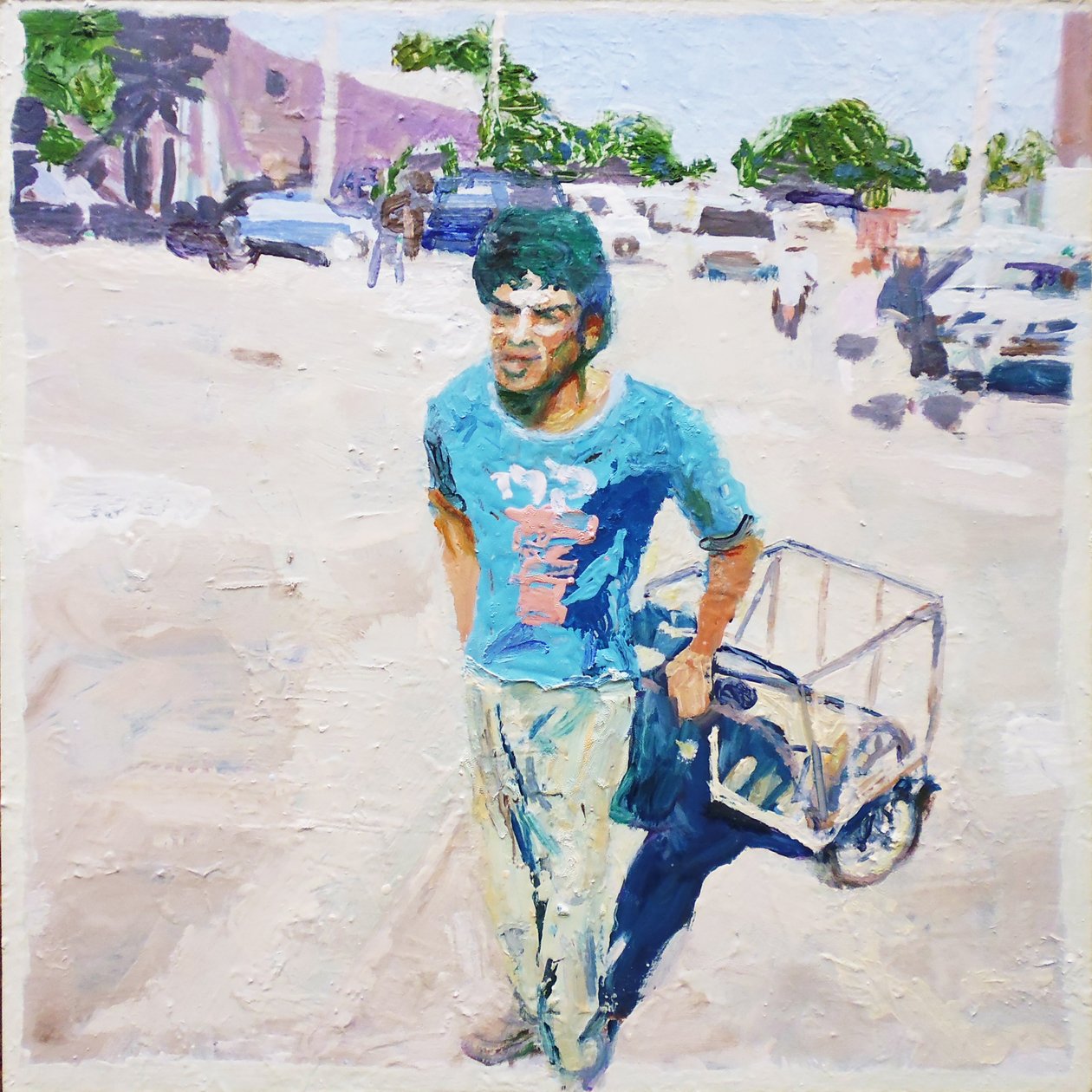 Trolley man (San Juan, Argentina), 2014 (olie på plade) af Trevor Burgess