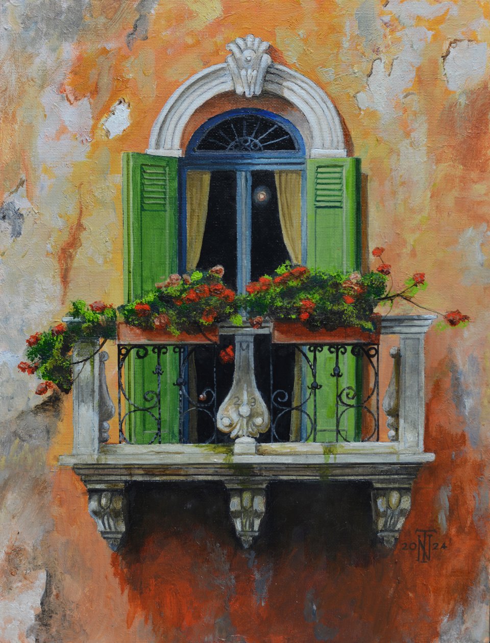 Fransk balkon, Aix-en-Provence, Frankrig, 2024 (olie på plade) af Trevor Neal