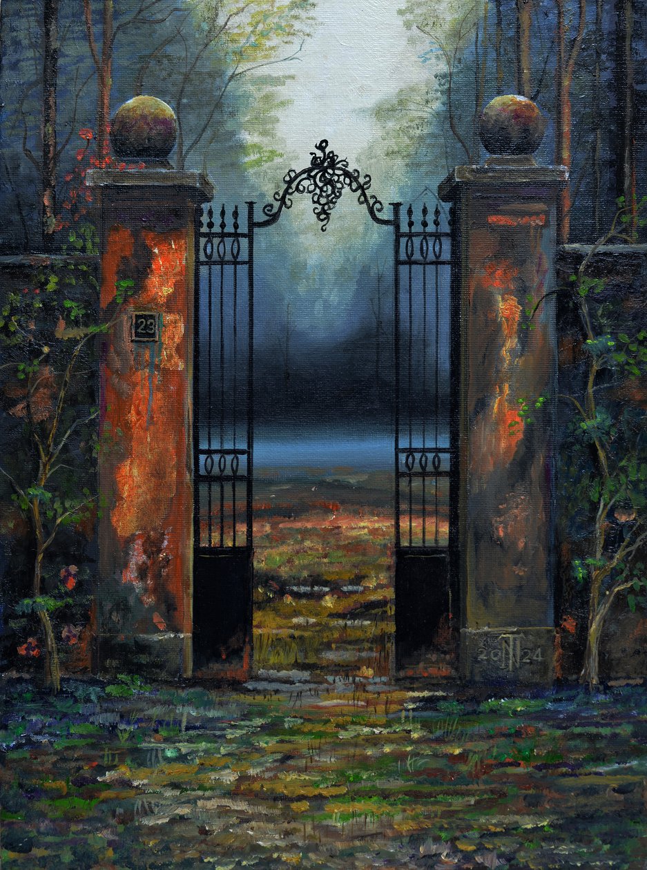 Gates to Chateau, Frankrig, 2024 (olie på plade) af Trevor Neal